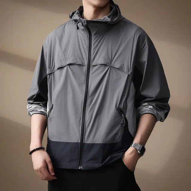 贵色 夏季 高端美式户外出行经典百搭长袖风衣男士青少年学院风撞色拼接口袋休闲连帽外套夹克 宽松 男女同款