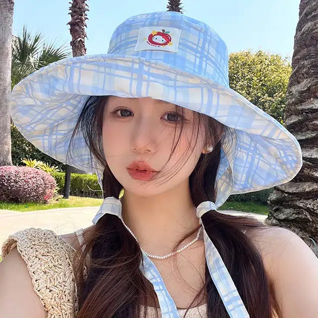 心水好物 可可爱爱多巴胺甜妹风格子春夏季大帽檐防紫外线户外露营登山帽 棉 渔夫帽 女款