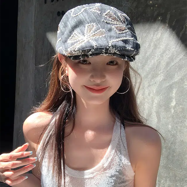 心水好物 韩系刺绣花朵亮片水洗牛仔街头百搭气质显脸小 聚酯纤维 贝雷帽 女款