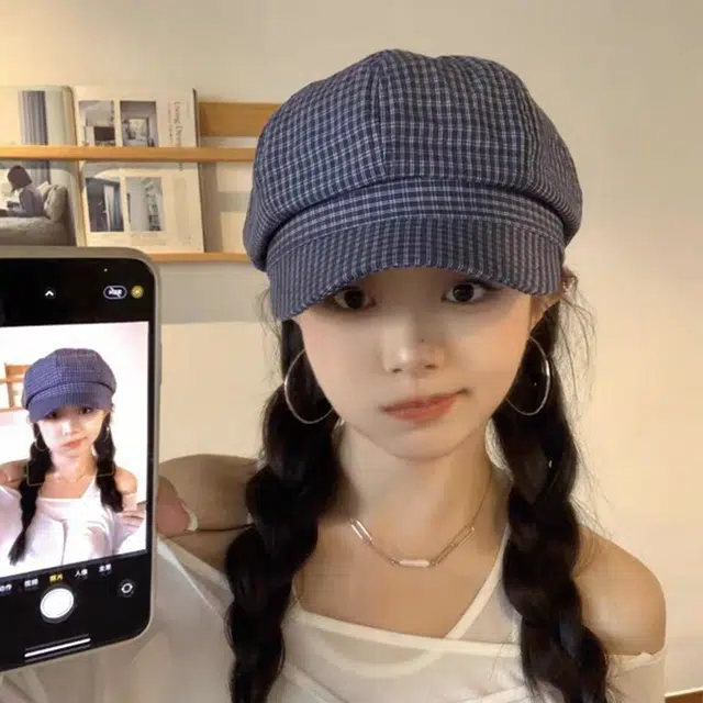 心水好物 日系简约细纹格薄款八角帽显脸小大头围 棉  贝雷帽 男女同款情侣款