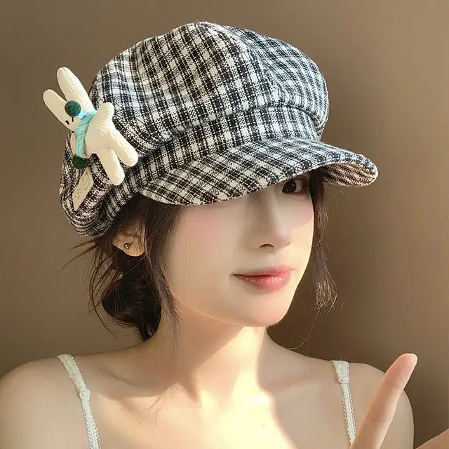 心水好物 可爱小兔子玩偶格纹韩版百搭显脸小大头围报童 棉 贝雷帽 女款