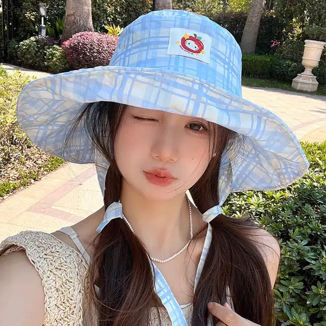 心水好物 可可爱爱多巴胺甜妹风格子春夏季大帽檐防紫外线户外露营登山帽 棉 渔夫帽 女款