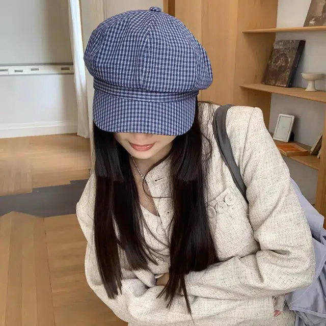 心水好物 韩系复古蓝色条纹画家显脸小文艺八角复古 棉 贝雷帽 女款