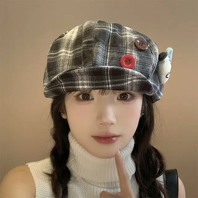 心水好物 韩式格纹音符刺绣拼接撞色小众设计 棉 贝雷帽 女款