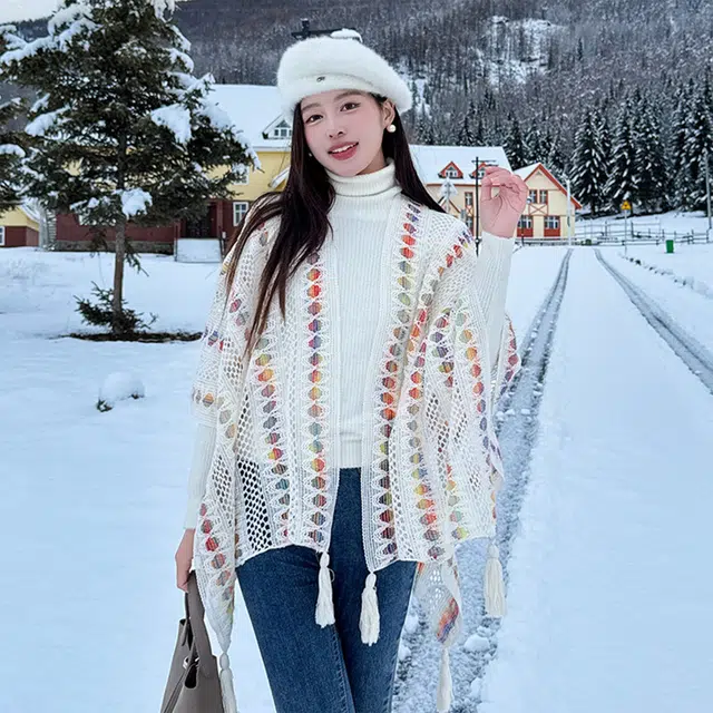 心水好物 民族风旅游连帽彩色流苏外搭保暖 聚酯纤维 披肩 女款