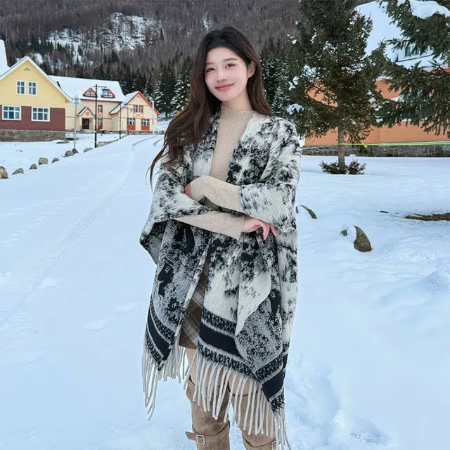 心水好物 复古名族风水墨画双面斗蓬外套女生秋季宽松流苏百搭保暖空调房上衣外搭 聚酯纤维 披肩 女款