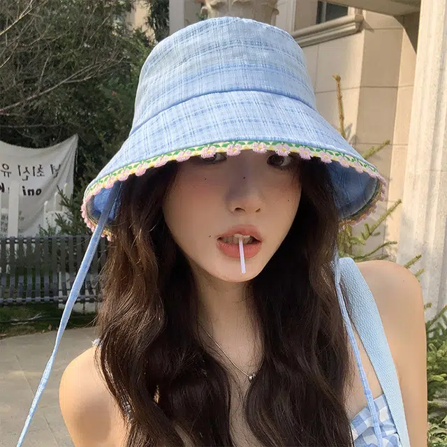 心水好物 甜美可爱花边蓝色春夏季遮阳防晒盆帽户外露营日常通勤百搭出片 棉 渔夫帽 女款