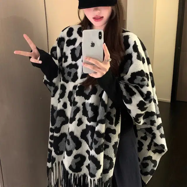 心水好物 拉美风欧美野性豹纹双面外搭高级感旅行流苏 聚酯纤维 披肩 女款