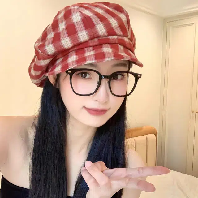 心水好物 日系小清新格纹文艺复古画家帽百搭户外休闲 聚酯纤维 贝雷帽 女款