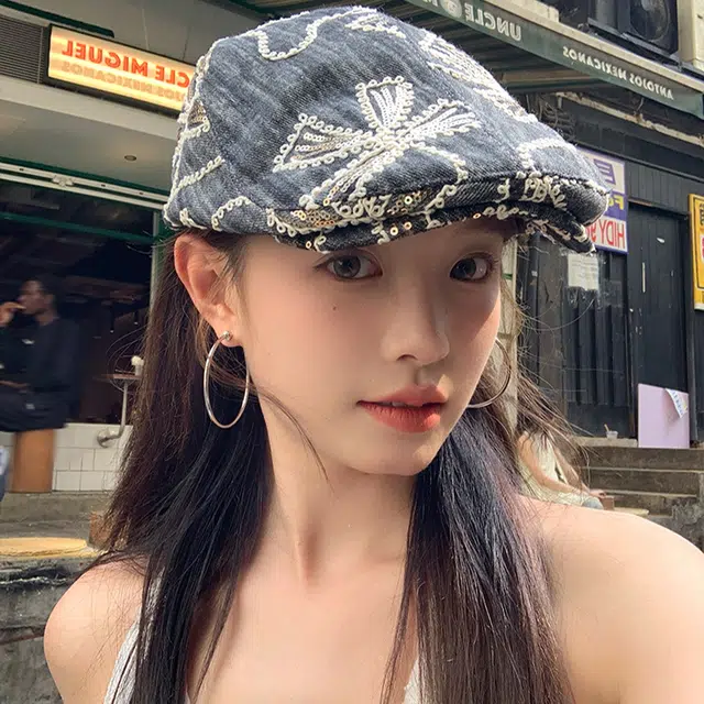 心水好物 韩系刺绣花朵亮片水洗牛仔街头百搭气质显脸小 聚酯纤维 贝雷帽 女款