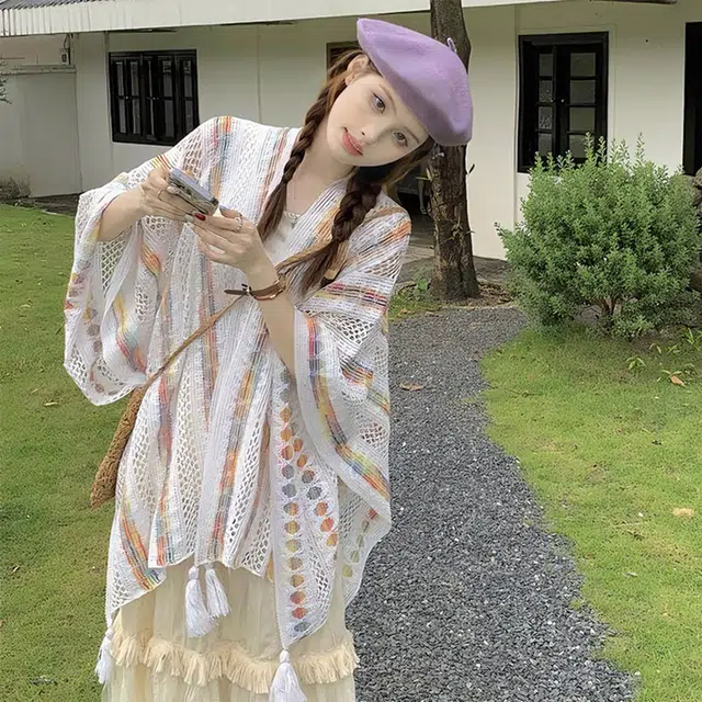 心水好物 民族风旅游连帽彩色流苏外搭保暖 聚酯纤维 披肩 女款