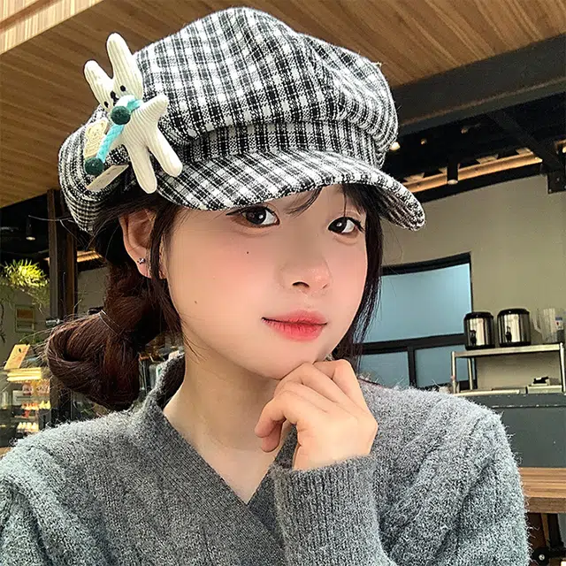 心水好物 可爱小兔子玩偶格纹韩版百搭显脸小大头围报童 棉 贝雷帽 女款