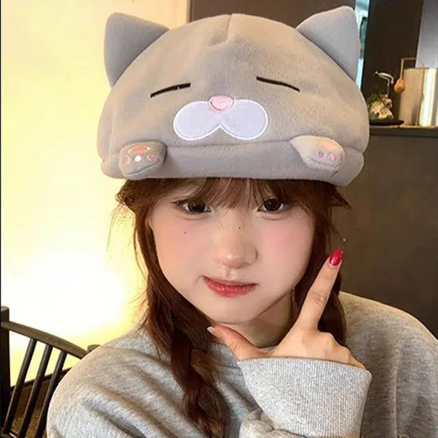 心水好物 韩式萌系小众设计蓓蕾帽可爱甜美呆萌卡通猫咪百搭显脸小保暖 聚酯纤维 贝雷帽 女款