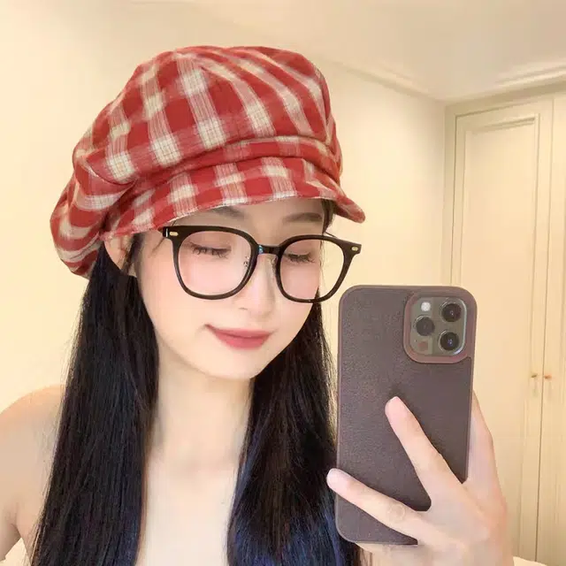 心水好物 日系小清新格纹文艺复古画家帽百搭户外休闲 聚酯纤维 贝雷帽 女款