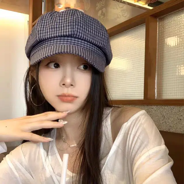 心水好物 日系简约细纹格薄款八角帽显脸小大头围 棉  贝雷帽 男女同款情侣款