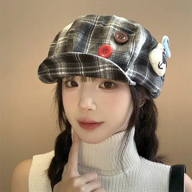 心水好物 韩式格纹音符刺绣拼接撞色小众设计 棉 贝雷帽 女款