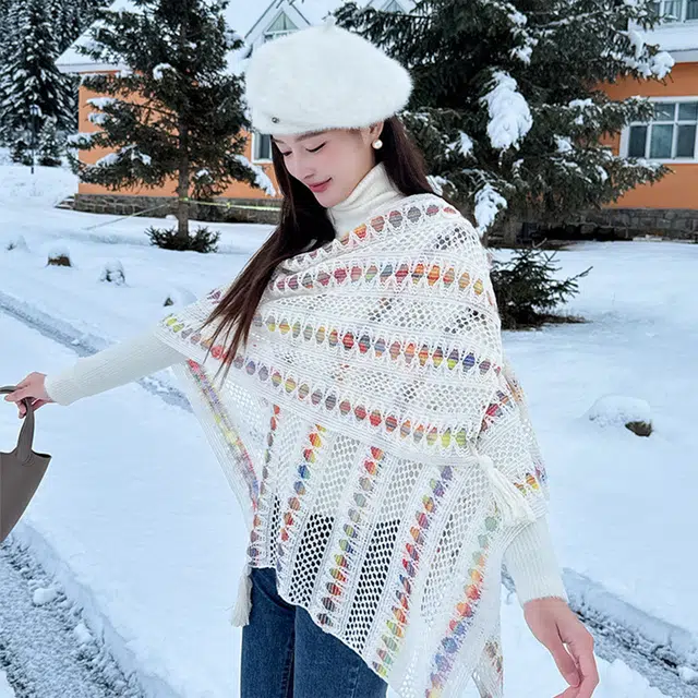心水好物 民族风旅游连帽彩色流苏外搭保暖 聚酯纤维 披肩 女款