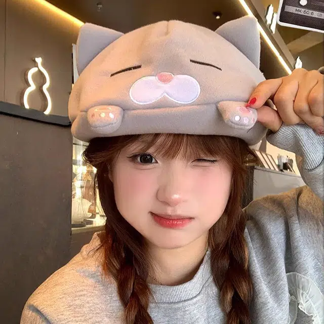 心水好物 韩式萌系小众设计蓓蕾帽可爱甜美呆萌卡通猫咪百搭显脸小保暖 聚酯纤维 贝雷帽 女款