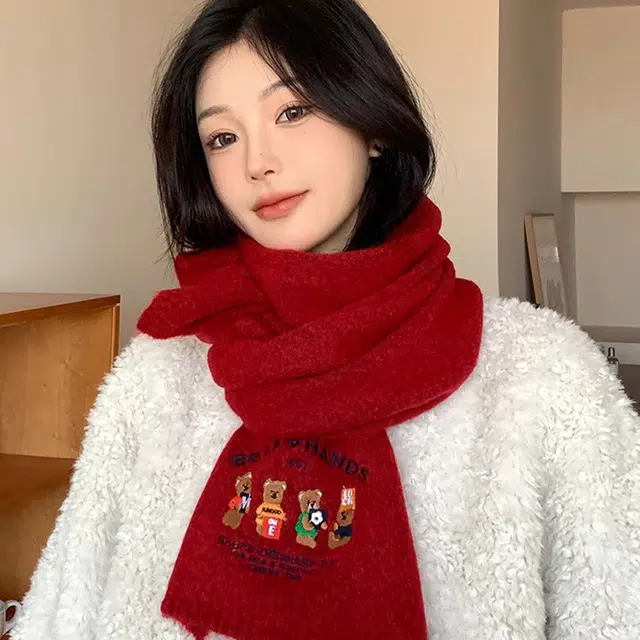 心水好物 四只小熊刺绣可爱学院风 春秋冬氛围感含羊毛针织 绒线围巾 男女同款情侣款