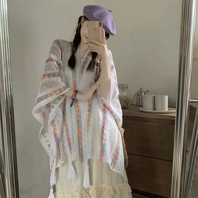 心水好物 民族风旅游连帽彩色流苏外搭保暖 聚酯纤维 披肩 女款