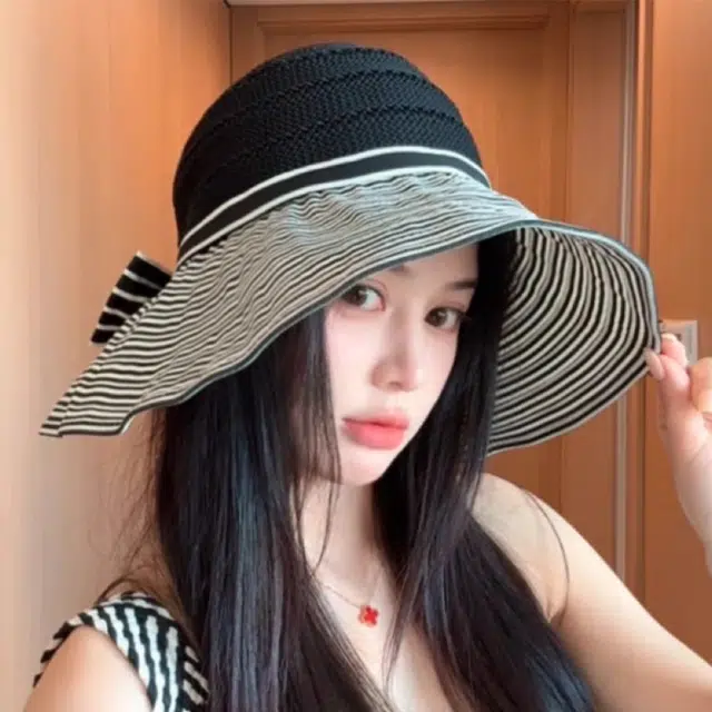 心水好物 夏季条纹空顶大檐蝴蝶结透气太阳帽徒步海滩度假休闲高颜值#好运 聚酯纤维  渔夫帽 女款