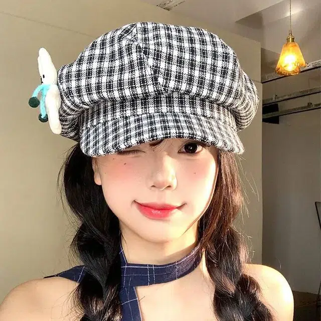 心水好物 可爱小兔子玩偶格纹韩版百搭显脸小大头围报童 棉 贝雷帽 女款