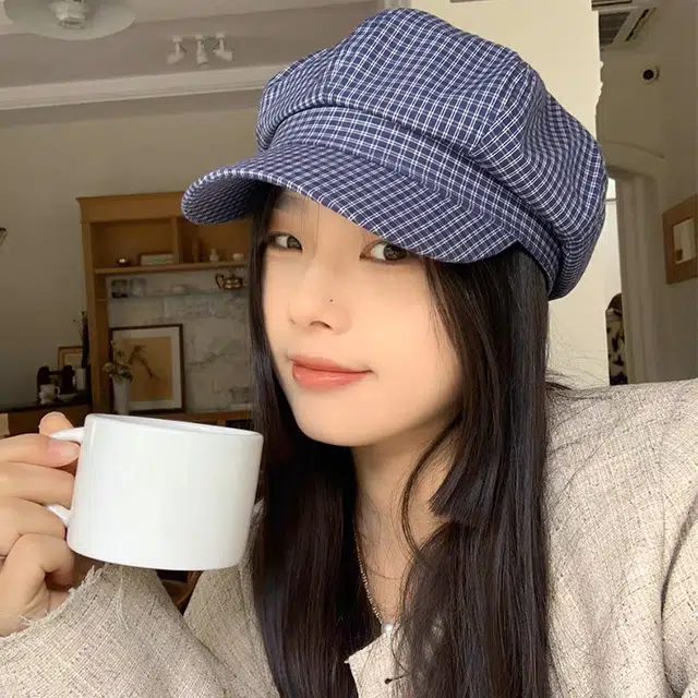 心水好物 韩系复古蓝色条纹画家显脸小文艺八角复古 棉 贝雷帽 女款