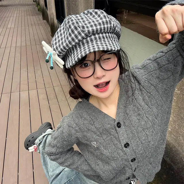 心水好物 可爱小兔子玩偶格纹韩版百搭显脸小大头围报童 棉 贝雷帽 女款