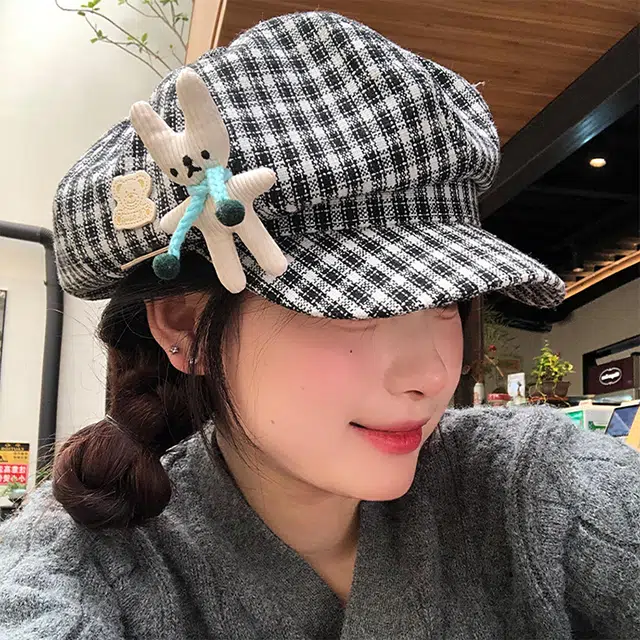 心水好物 可爱小兔子玩偶格纹韩版百搭显脸小大头围报童 棉 贝雷帽 女款