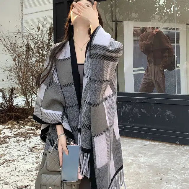 心水好物 复古百搭双面斗蓬外套女生秋季宽松流苏百搭保暖上衣外搭 聚酯纤维 披肩 女款