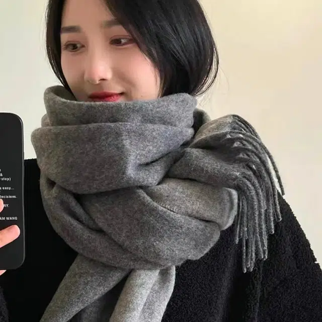 心水好物 秋冬纯色简约黑灰色双面纯羊毛加厚保暖百搭 绒线围巾 男女同款情侣款