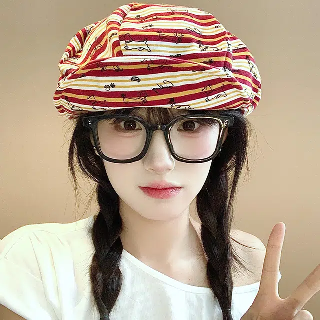 心水好物 日系复古条纹卡通甜美可爱 棉 贝雷帽 男女同款情侣款