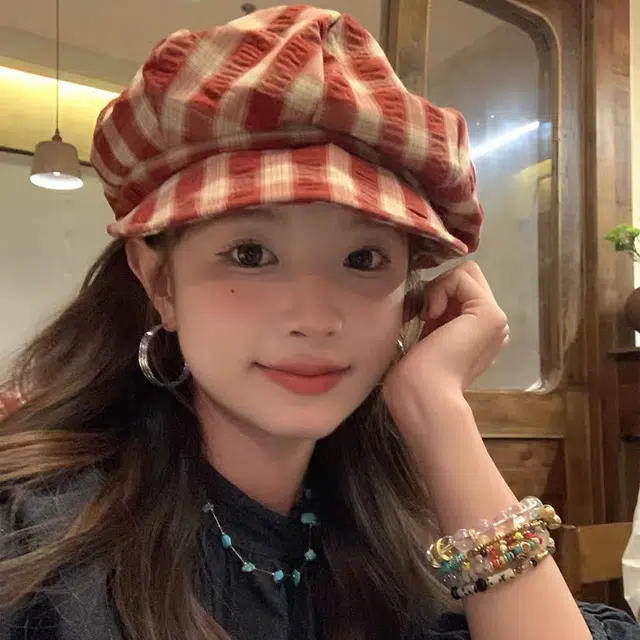 心水好物 日系小清新格纹文艺复古画家帽百搭户外休闲 聚酯纤维 贝雷帽 女款