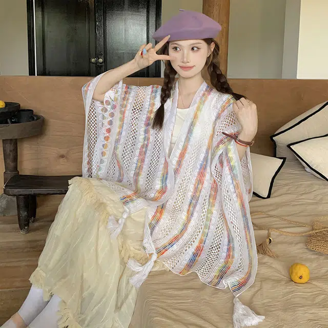 心水好物 民族风旅游连帽彩色流苏外搭保暖 聚酯纤维 披肩 女款