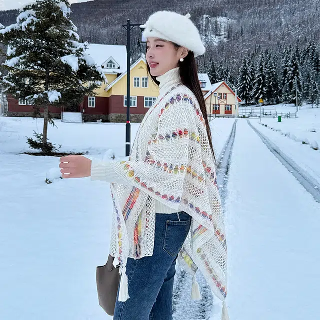心水好物 民族风旅游连帽彩色流苏外搭保暖 聚酯纤维 披肩 女款