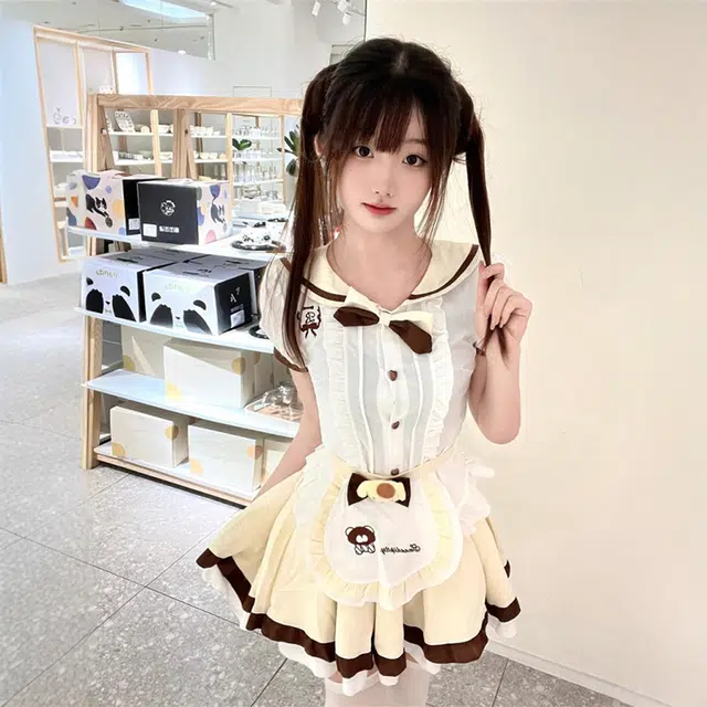 果瑱 少女芭蕾风蕾丝花边蝴蝶结高腰甜美软妹可爱小熊撞色拼接泡泡袖上衣围裙奶油布丁荷叶边上衣蛋糕蓬蓬裙装套装 女款