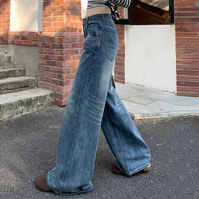 果瑱 做旧阔腿低腰宽松显瘦百搭牛仔裤 女款 复古蓝