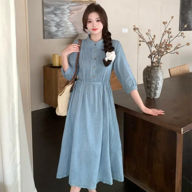 果瑱 文艺范新中式甜美少女穿搭极简主义提花风琴褶七分袖立领花边裙摆舒适简约中长款裙子短袖连衣裙 女款