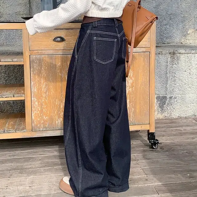 果瑱 高街美式潮流个性穿搭明线小众设计宽松显瘦舒适休闲长款拖地阔腿裤女小个子梨形身材复古牛仔裤 女款