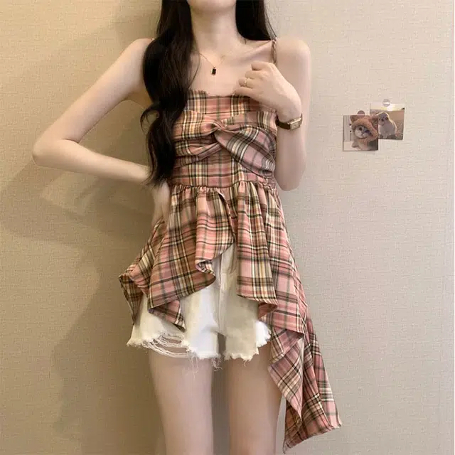 果瑱 百搭洋气不规则撞色格子可爱甜美简约日常通勤美式复古百搭时尚舒适气质优雅吊带连衣裙 女款