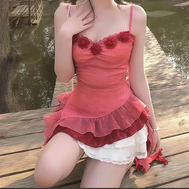 果瑱 两件套不规则荷叶边吊带裙外穿修身显瘦裙装套装 女款