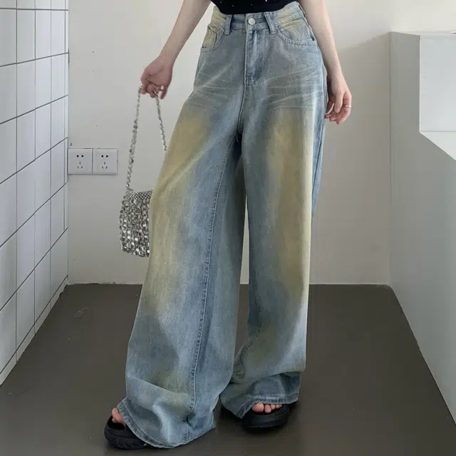 果瑱 美式复古街头慵懒风穿搭胶片感宽松高腰显瘦直筒阔腿拖地裤户外休闲出游牛仔裤 女款