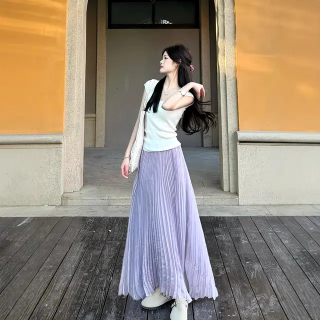 果瑱 修身短袖针织衫紫色温柔风甜美纯欲浪漫小清新初恋清纯超仙纱半身裙高腰显瘦简约大方小香风裙装套装 女款