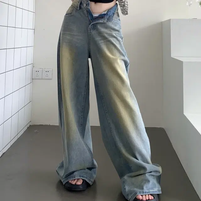 果瑱 美式复古街头慵懒风穿搭胶片感宽松高腰显瘦直筒阔腿拖地裤户外休闲出游牛仔裤 女款
