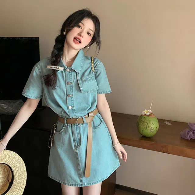 果瑱 学院风小众设计感元气少女穿搭气质舒适时尚纯色清新简约休闲显瘦百搭短袖连衣裙 女款
