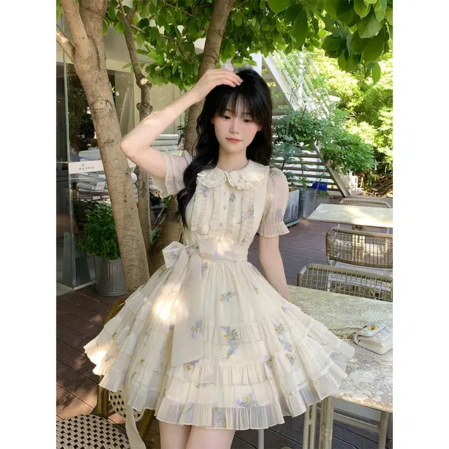 果瑱 日系可爱娃娃领碎花夏日气质甜美小个子仙女风温柔浪漫初恋收腰显瘦高级设计感少女裙子短袖连衣裙 女款