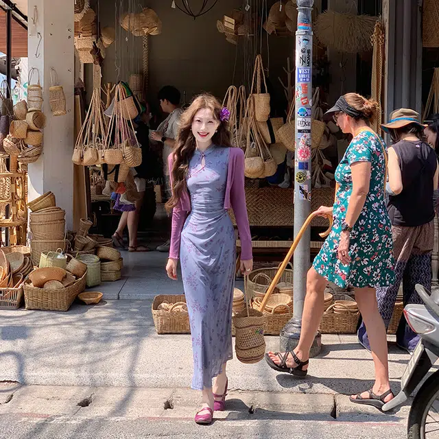 果瑱 新中式碎花弹力网纱旗袍气质夏日旅游度假文艺风氛围感韩系甜美无袖连衣裙 女款