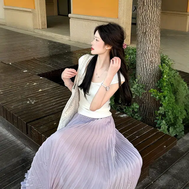 果瑱 修身短袖针织衫紫色温柔风甜美纯欲浪漫小清新初恋清纯超仙纱半身裙高腰显瘦简约大方小香风裙装套装 女款