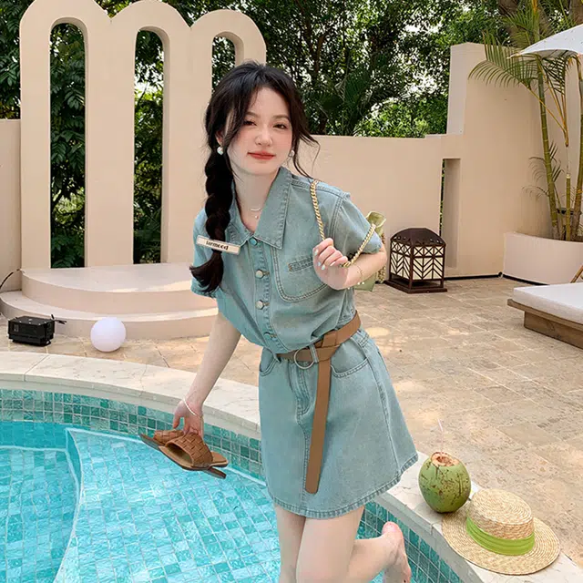 果瑱 学院风小众设计感元气少女穿搭气质舒适时尚纯色清新简约休闲显瘦百搭短袖连衣裙 女款