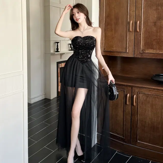 果瑱 文艺辣妹网纱亮片裹胸高级性感纯欲礼服气质轻奢高级感亮片抹胸包臀中长裙无袖连衣裙 女款